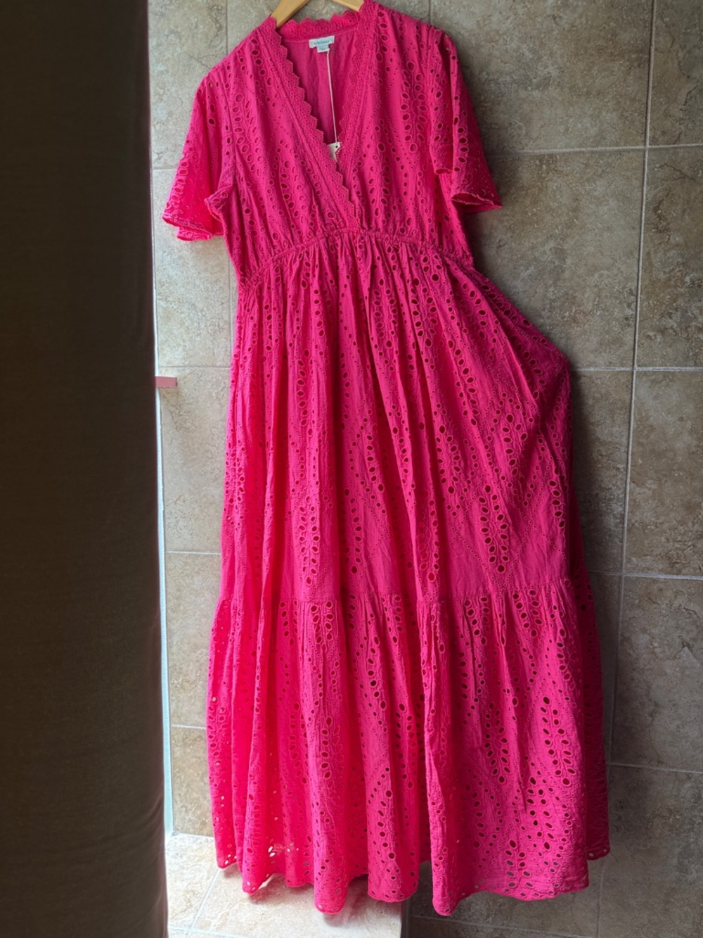 Sundance Juno Eyelet Maxi Dress Pink Pockets Elastic Waist Flutter Sleeves Large - Picture 2 of 16